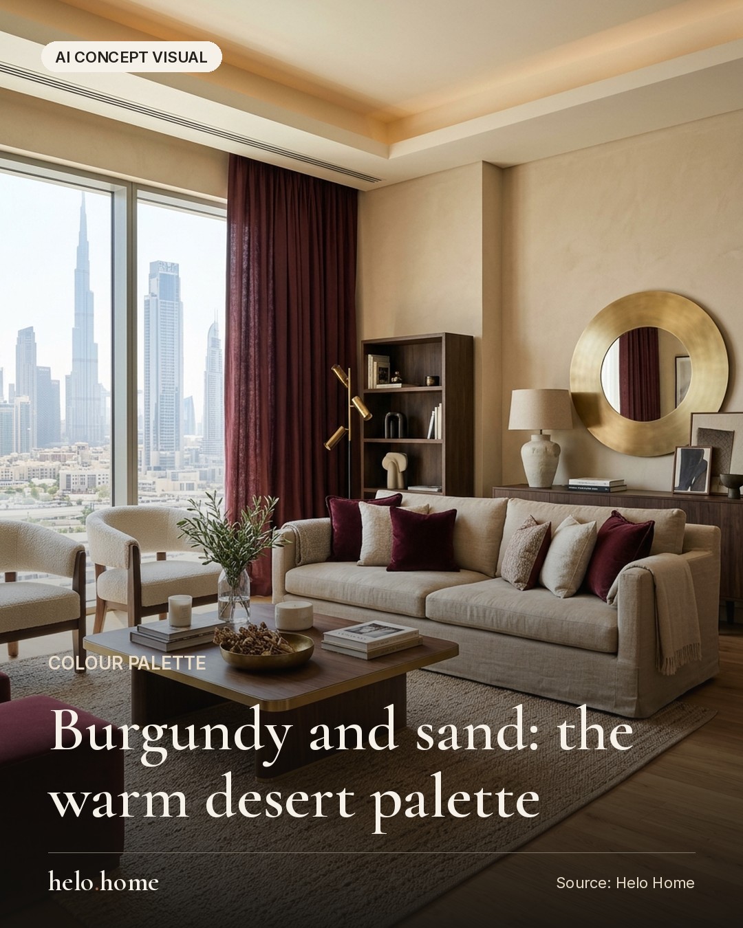 A contemporary Dubai apartment living room featuring sand-coloured walls, a beige sofa, and deep burgundy velvet accents, styled with dark walnut and brass details.