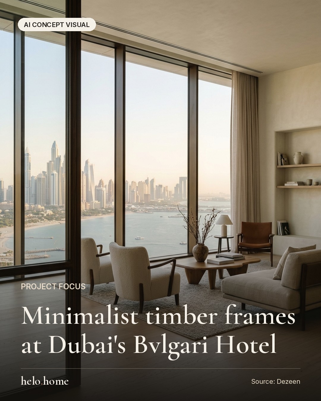 AI concept image: A luxurious, minimalist interior featuring ultra-slim floor-to-ceiling timber window frames looking out towards a bright coastal skyline.