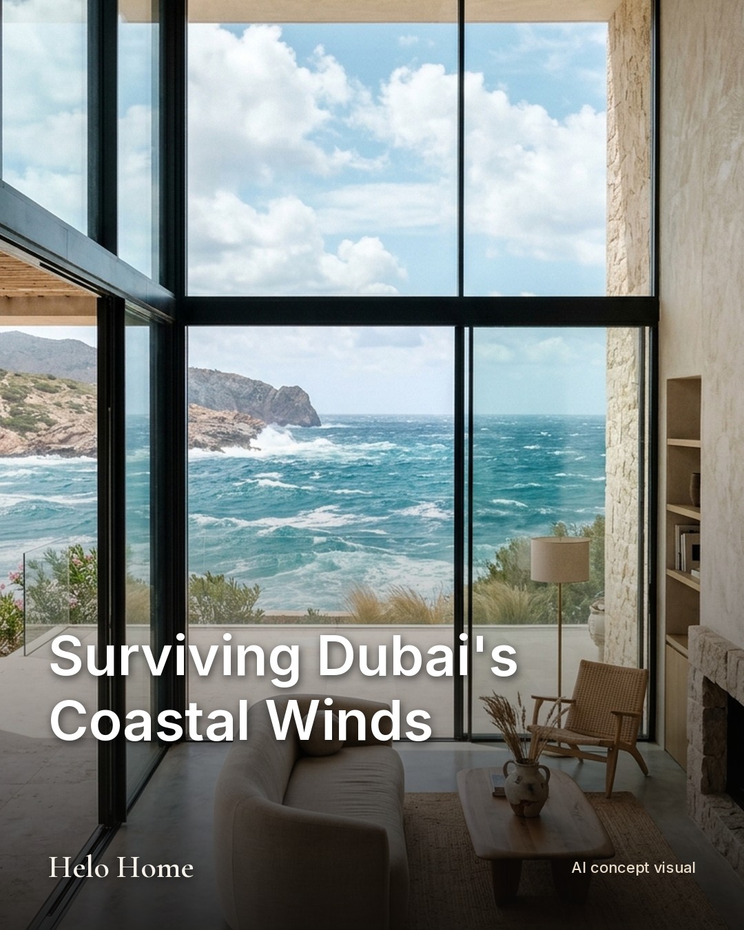 AI concept image: Photorealistic vertical concept image showing the interior of a luxurious minimalist villa looking out through massive floor-to-ceiling glass doors towards a windy, sunli